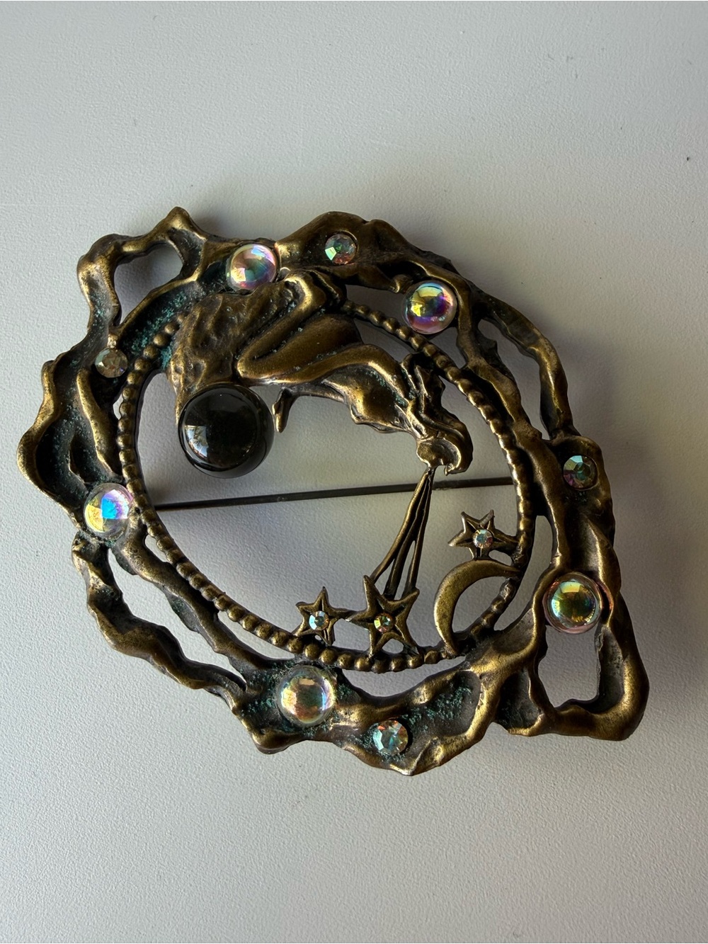 Vintage JJ Jonette Celestial Lady Star Gazer Crystal Ball Brooch Art Nouveau